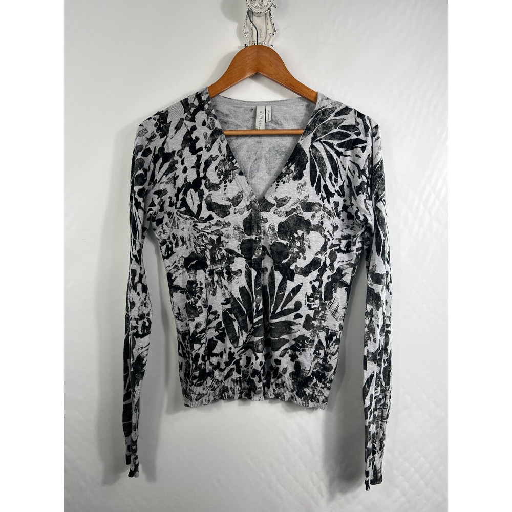 Sahalie Women's Size M Cardigan Sweater V-Neck Gray Black Print Button-Up Cotton